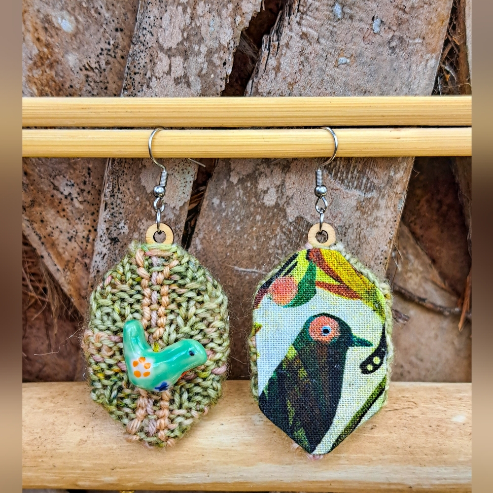 Green Knit Hexagon Earrings with Hand Embroidery Elements and a Bird-Shaped Bead - Picture 9 of 16